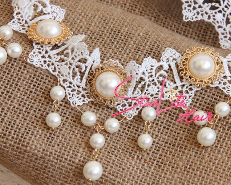 Bridal Pearl Pendant White Lace Hand-made Headband AC006 - StarLite Hair