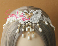 White Lace Pearl Pendant Elegant Wedding Headband AC012 - StarLite Hair