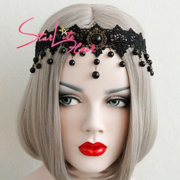 Black Pearl Pendant Crown Bridesmaid Lace Headband AC013 - StarLite Hair