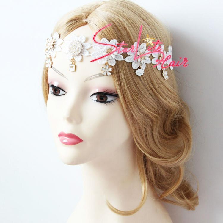 White Lace Flower Crown Pendant Bridal Headpiece AC014 - StarLite Hair