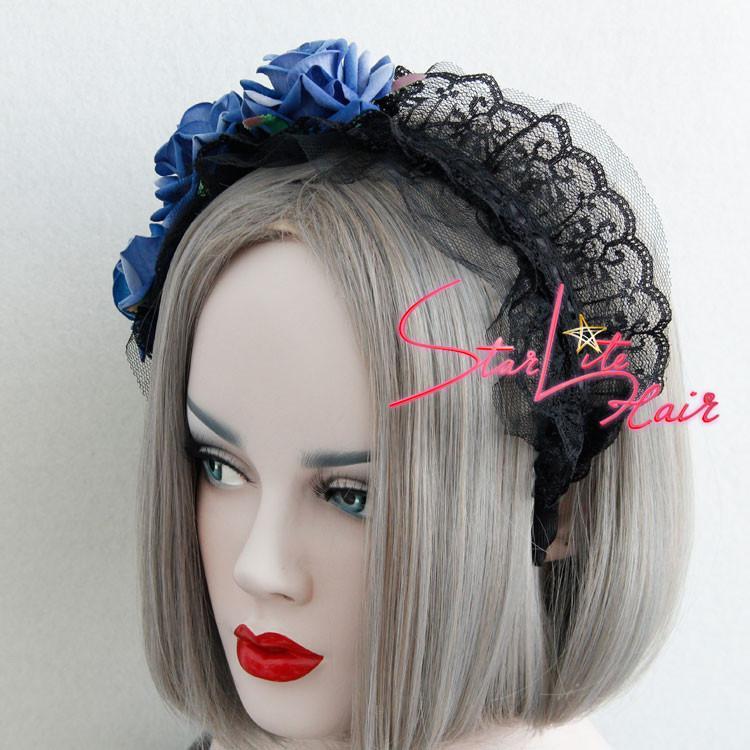 Black Lace Veil With Blue Flower Wedding Headpiece AC039 - StarLite Hair
