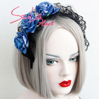 Black Lace Veil With Blue Flower Wedding Headpiece AC039 - StarLite Hair