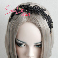 Black Lace Flower Gothic Wedding Bridal Headband AC045 - StarLite Hair