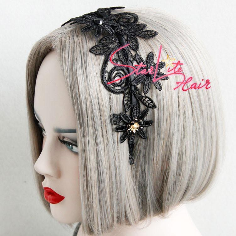 Black Lace Flower Gothic Wedding Bridal Headband AC045 - StarLite Hair