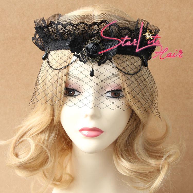Gothic Black Veil Crown Pendant Wedding Headband AC059 - StarLite Hair