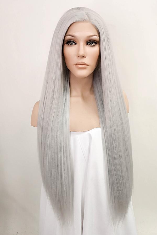 30" Silver Grey Yaki Lace Front Synthetic Wig 10017
