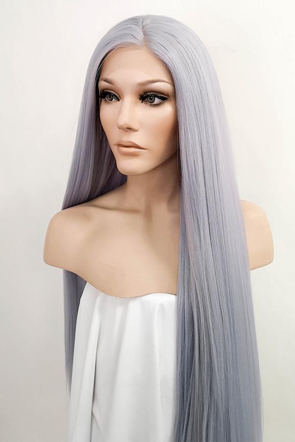 42" Purplish Grey Yaki Lace Front Synthetic Wig 10055
