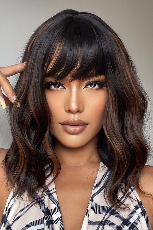 14" Black With Brown Highlights Fashion Synthetic Hair Wig 50269