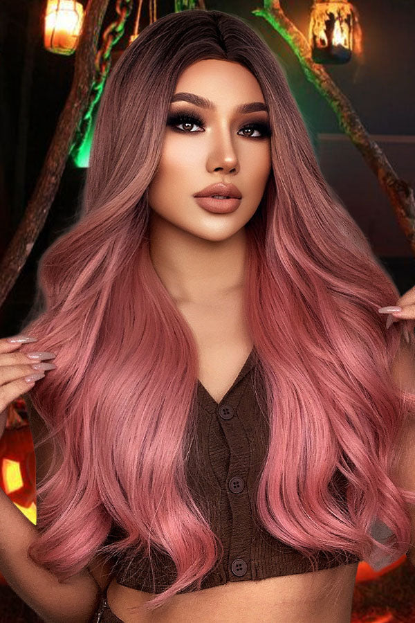 26" Pink With Dark Roots Fashion Synthetic Hair Wig 50261