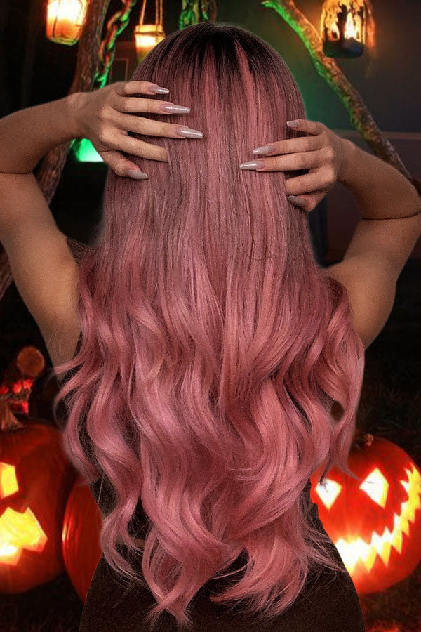 26" Pink With Dark Roots Fashion Synthetic Hair Wig 50261